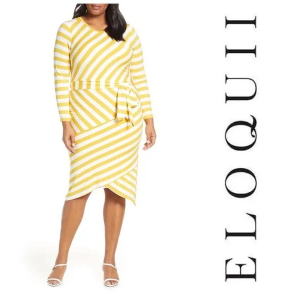 Eloquii Plus Size Yellow & White Blocked Stripe Dress Sz 28‎ Stretch Jersey Knit